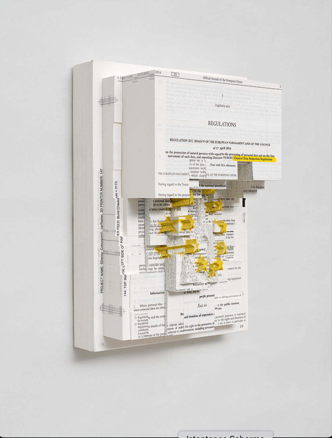Simon Denny, Document Relief 9 (GDPR legislative acts), 2019. Marignana Arte.