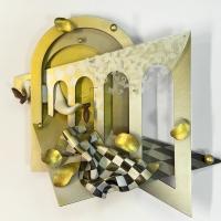 Daria Melnikova – The golden hour 4pm, 2024, MDF, brass, ceramics, wood, acrylic paint, spray paint, sandblasted plexiglass, varnish