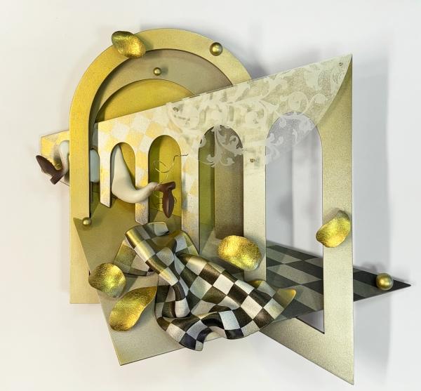 Daria Melnikova – The golden hour 4pm, 2024, MDF, brass, ceramics, wood, acrylic paint, spray paint, sandblasted plexiglass, varnish