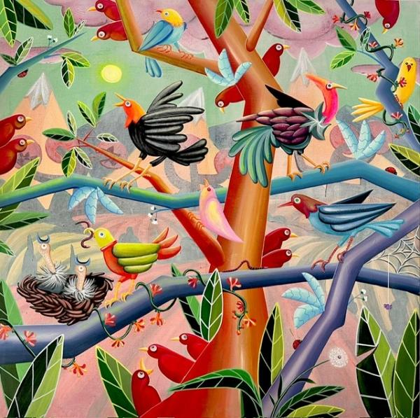 Carlos Alvarez Las Heras – Serenidad salvaje, 2024. Acrylic paint, marker, charcoal and chalk on canvas 100 x 100 cm. Courtesy WIZARD GALLERY